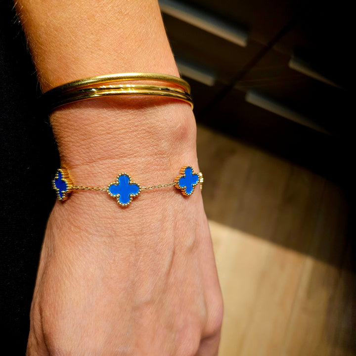 Firkløver armbånd blå i 18 karat forgyldt ædelstål