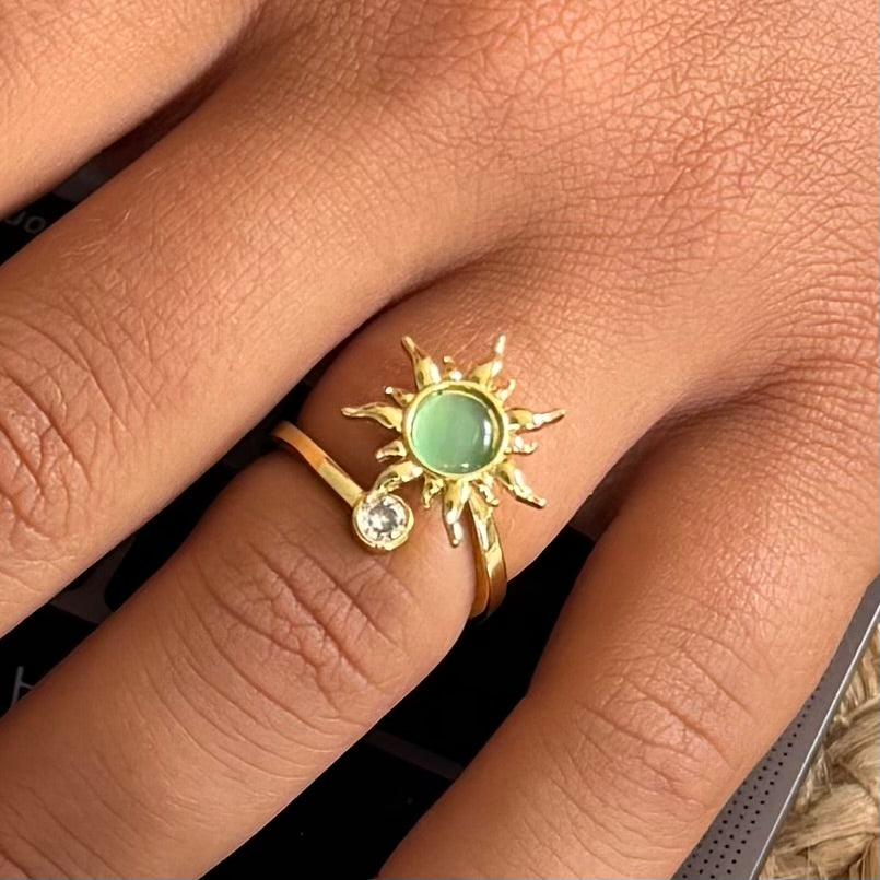 Roterende fidget antistress sol ring grøn cateye sten - 18 karat forgyldt kobber