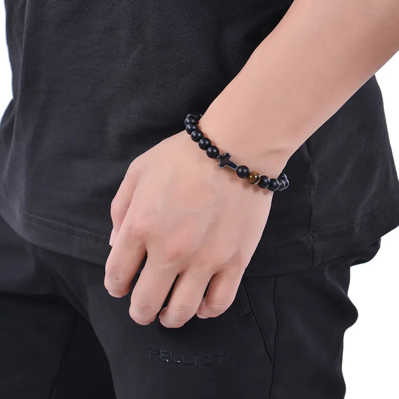 Herre armbånd matte sorte sten, tigerøjesten &amp; kors