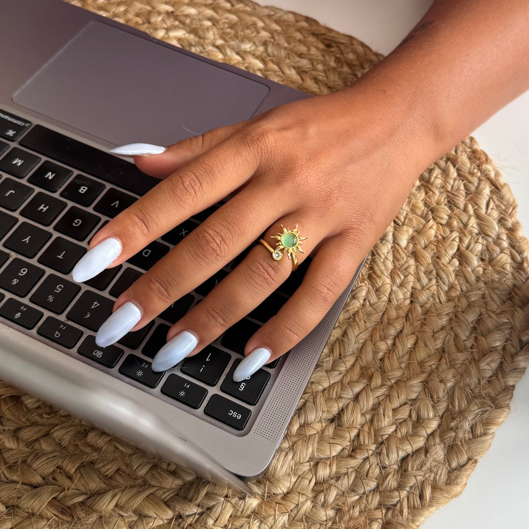 Roterende fidget antistress sol ring grøn cateye sten - 18 karat forgyldt kobber