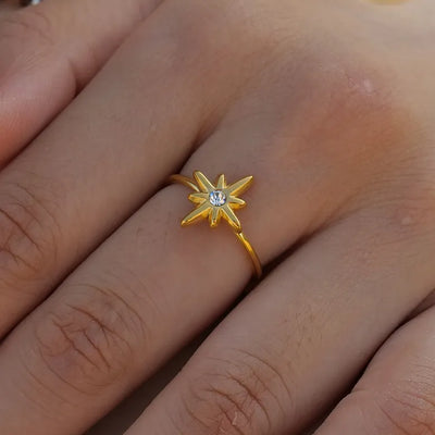 Stjerne ring m. zirkon i 18 karat forgyldt rustfrit ædelstål