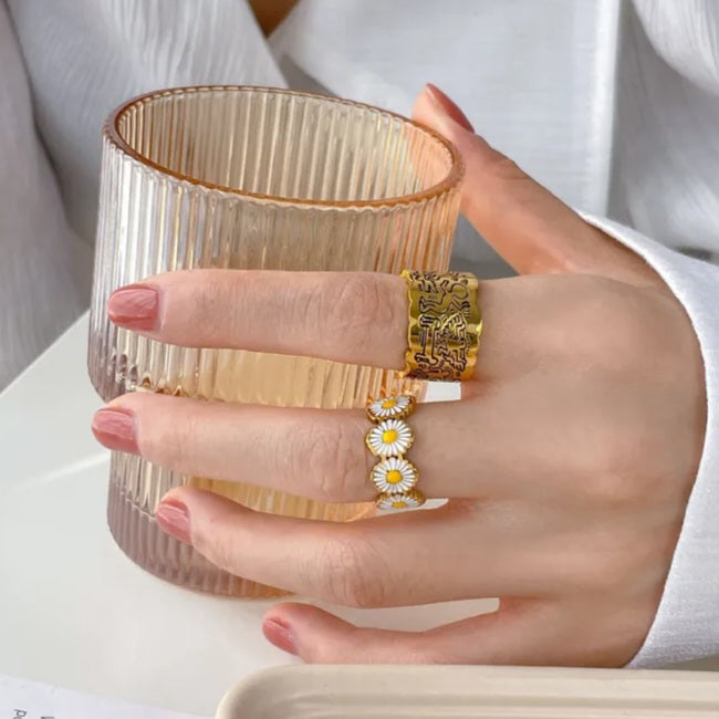 Ring marguerit 18 karat forgyldt rustfrit ædelstål og emalje