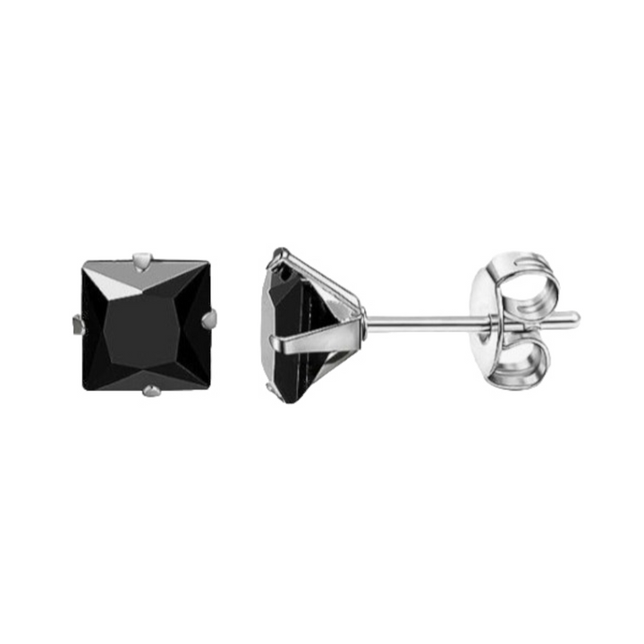 Ørestikker med sort firkant zirkon i flere størrelser i rustfrit ædelstål