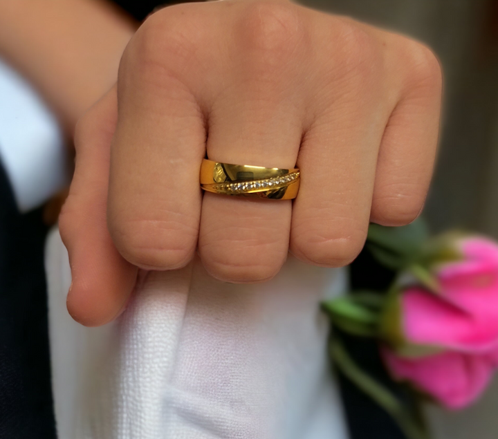 Band ring rille &amp; zirkoner - 18 karat forgyldt ædelstål
