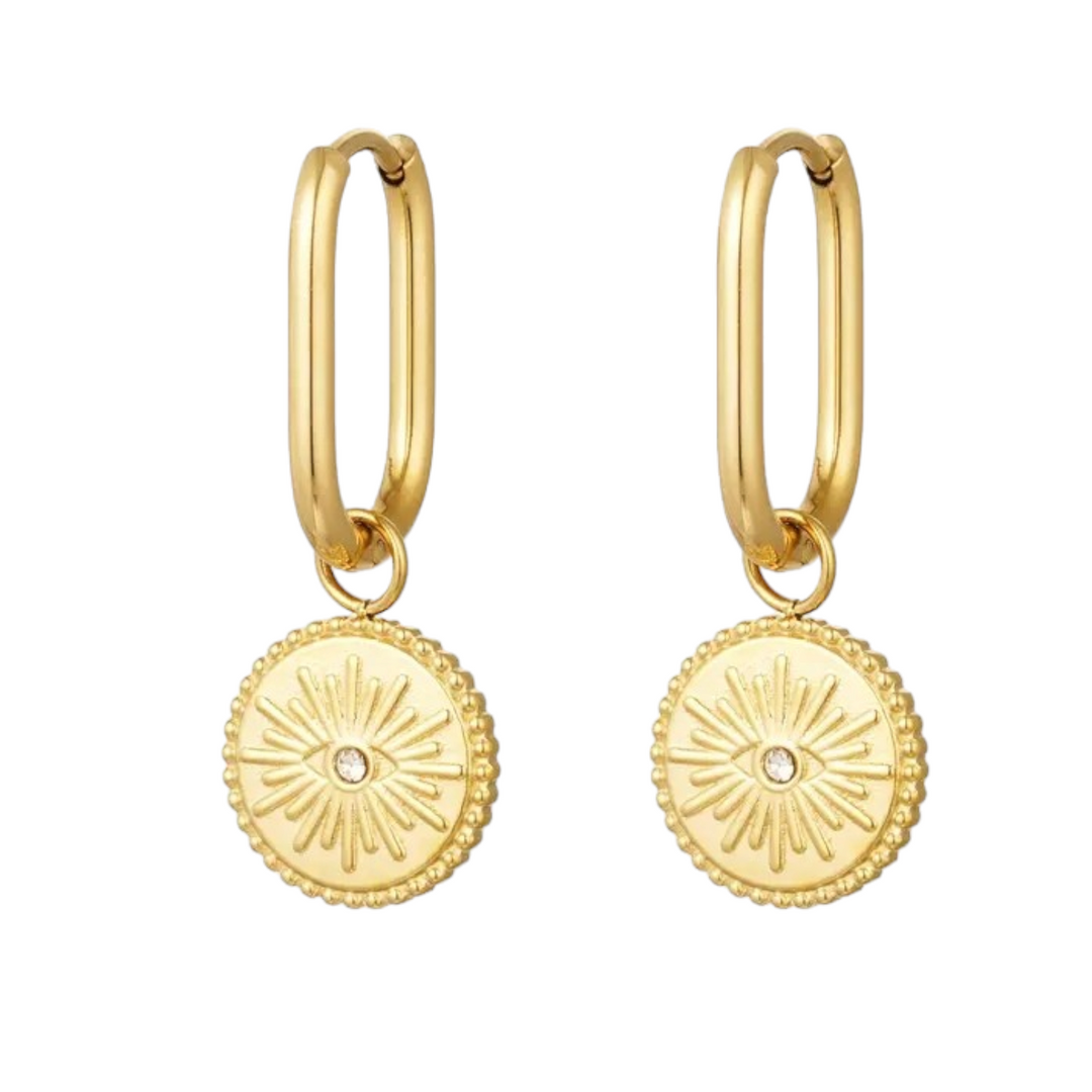 U hoops med evil eye vedhæng i 18 karat forgyldt ædelstål