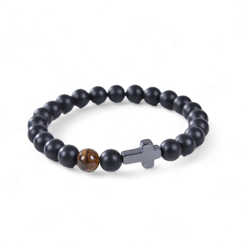 Herre armbånd matte sorte sten, tigerøjesten &amp; kors