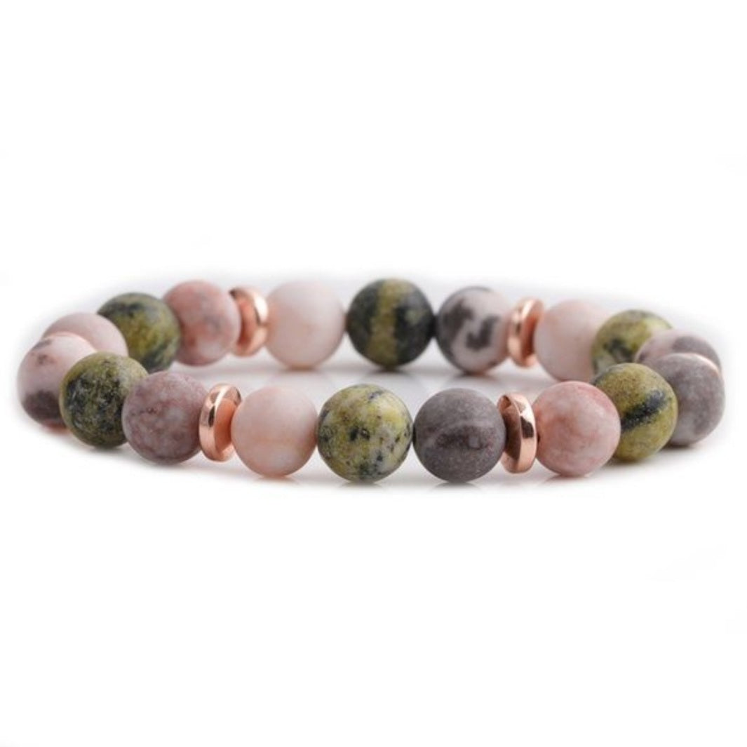 Rosegold armbånd med grønne og lyserøde natursten