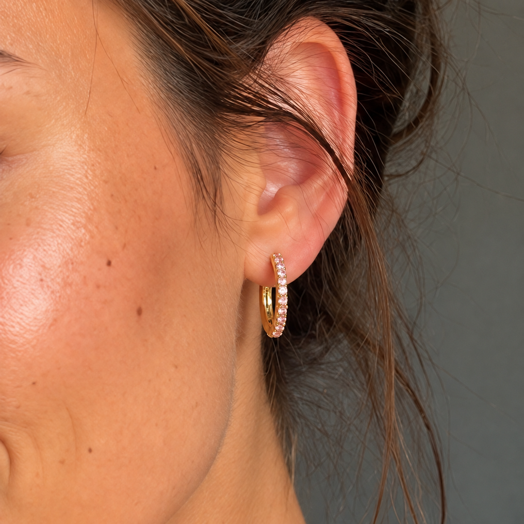 Lyserøde zirkon hoops - 18 karat forgyldt kobber