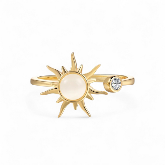Roterende fidget antistress sol ring med hvid opal - 14 karat forgyldt kobber