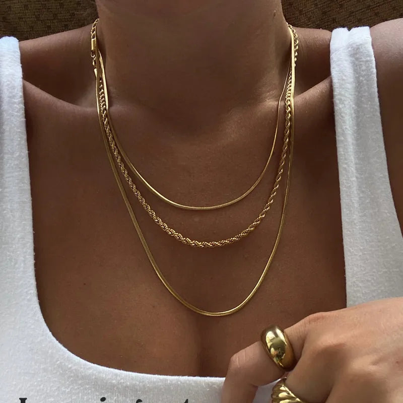 Halskæde 3-lags med rope &amp; snake chain i 18 karat forgyldt rustfrit ædelstål