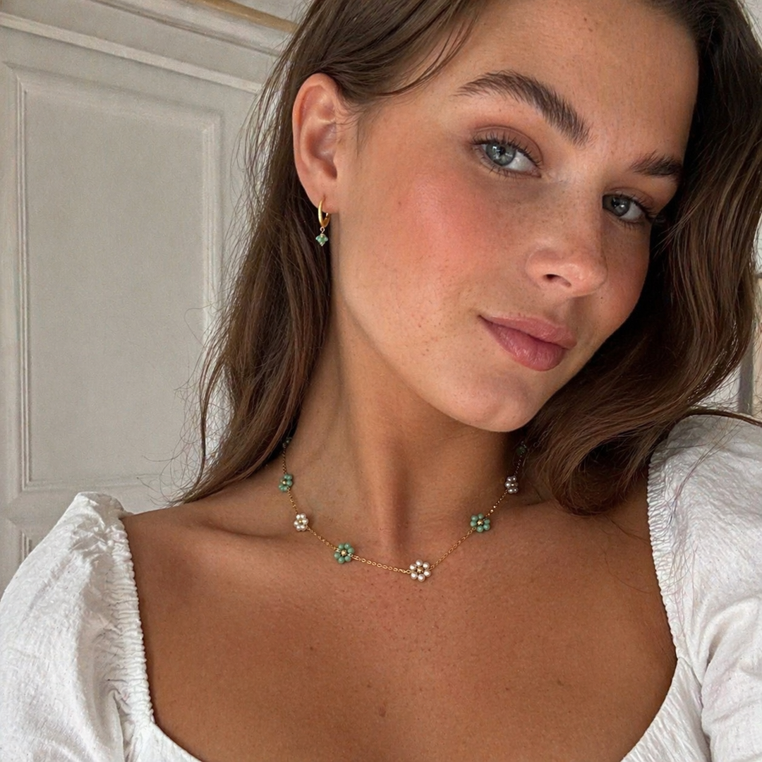 Halskæde choker med turkis blomster - 18 karat forgyldt ædelstål