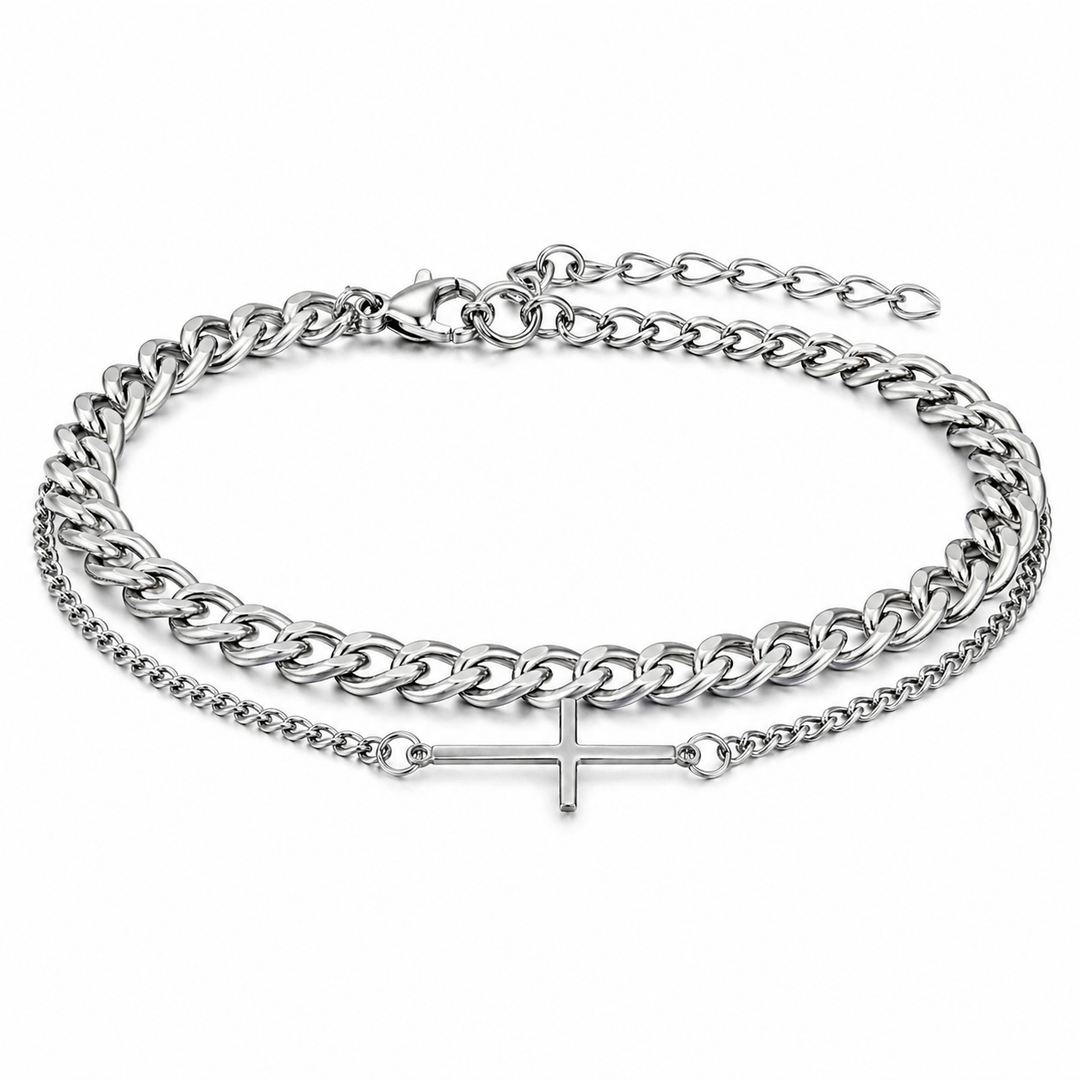 Dobbelt herre panser armbånd med kors - ædelstål