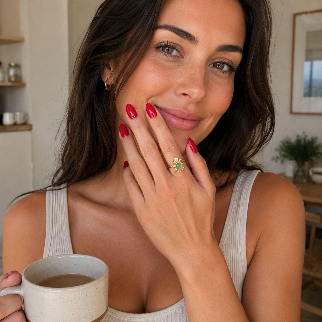 Roterende fidget antistress sol ring grøn cateye sten - 18 karat forgyldt kobber