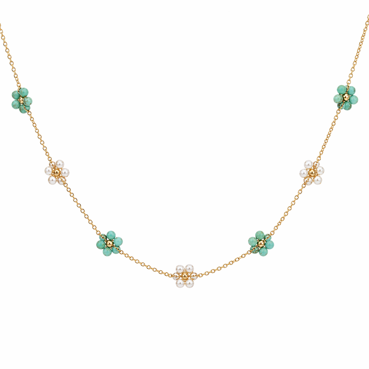 Halskæde choker med turkis blomster - 18 karat forgyldt ædelstål