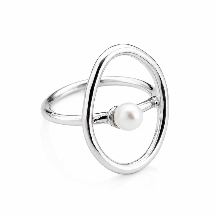 Oval ring med perle - titanium