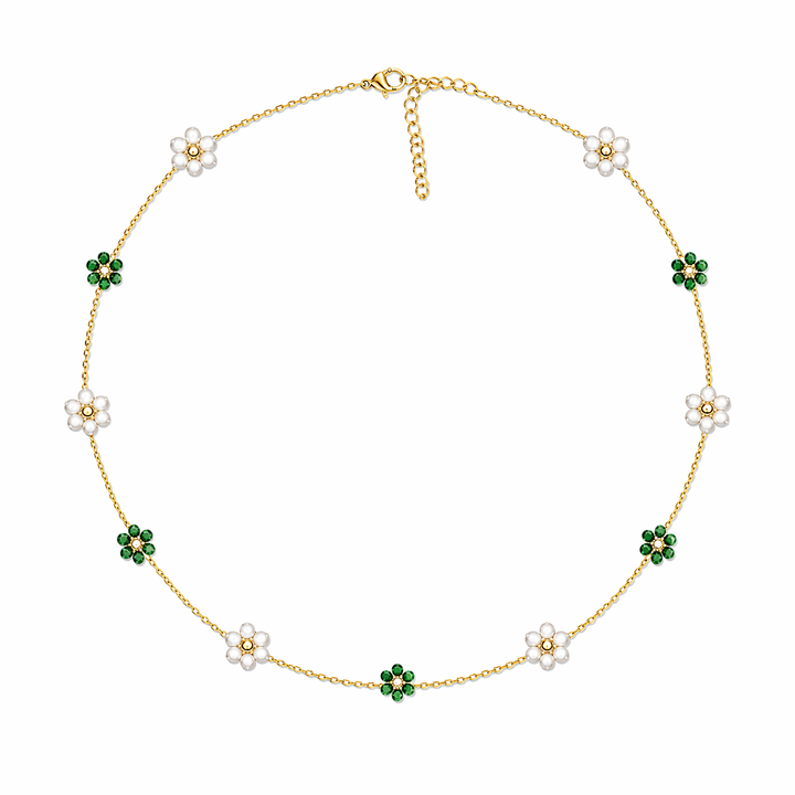 Halskæde choker med grønne blomster - 18 karat forgyldt ædelstål. Flere farver