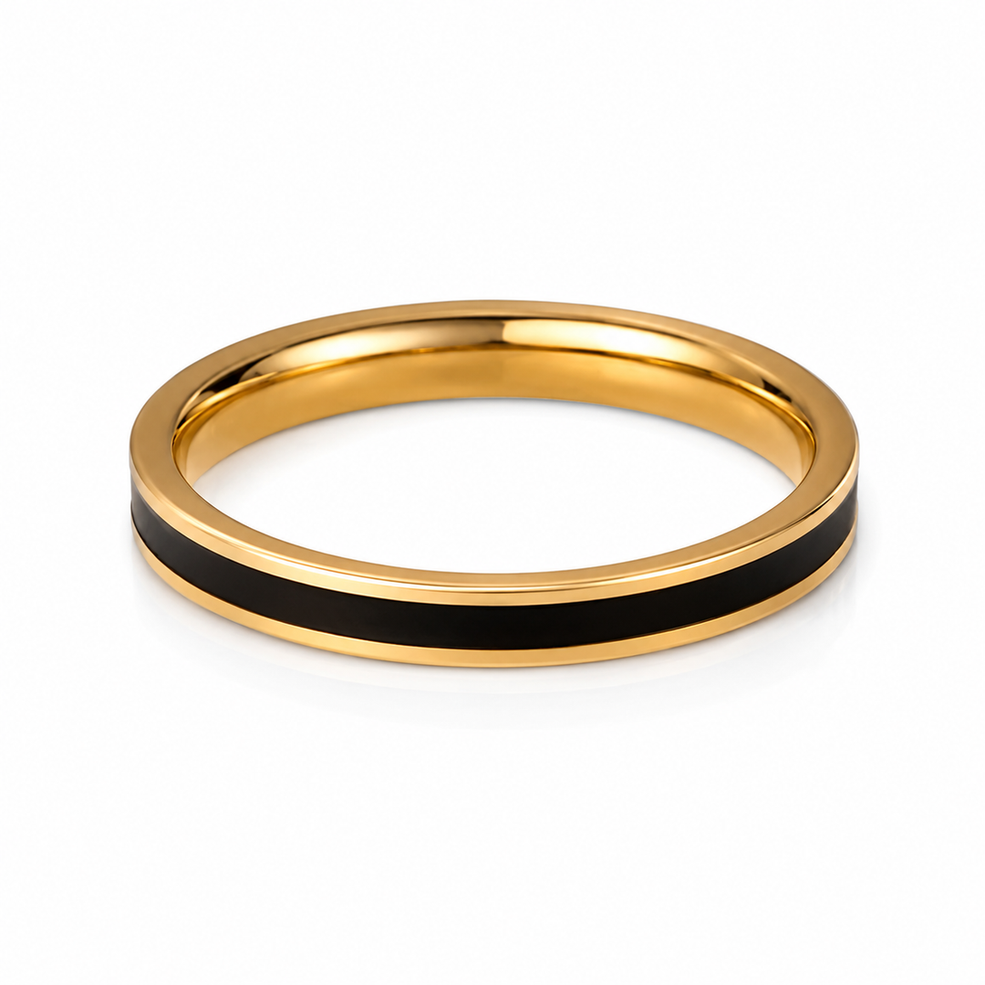 Band ring sort emalje - 18 karat forgyldt ædelstål
