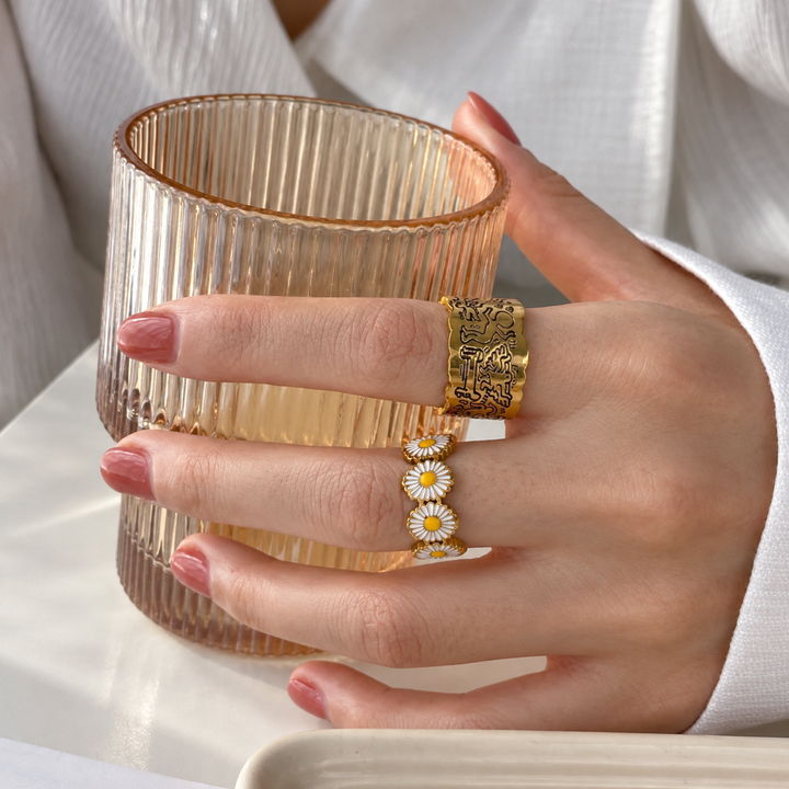 Ring marguerit - 18 karat forgyldt ædelstål og emalje