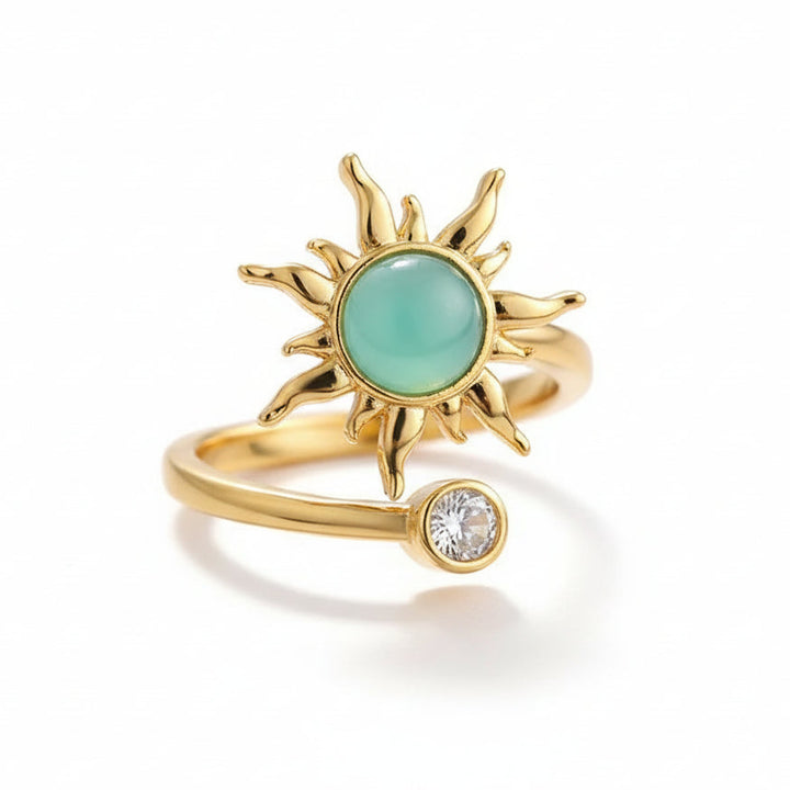 Roterende fidget antistress sol ring grøn cateye sten - 18 karat forgyldt kobber
