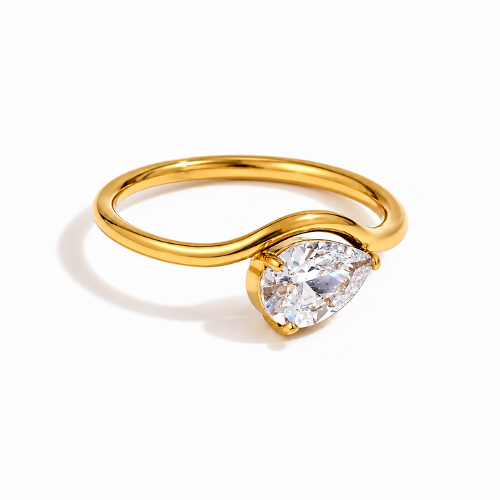 Dråbeformet zirkon ring - 18 karat forgyldt ædelstål