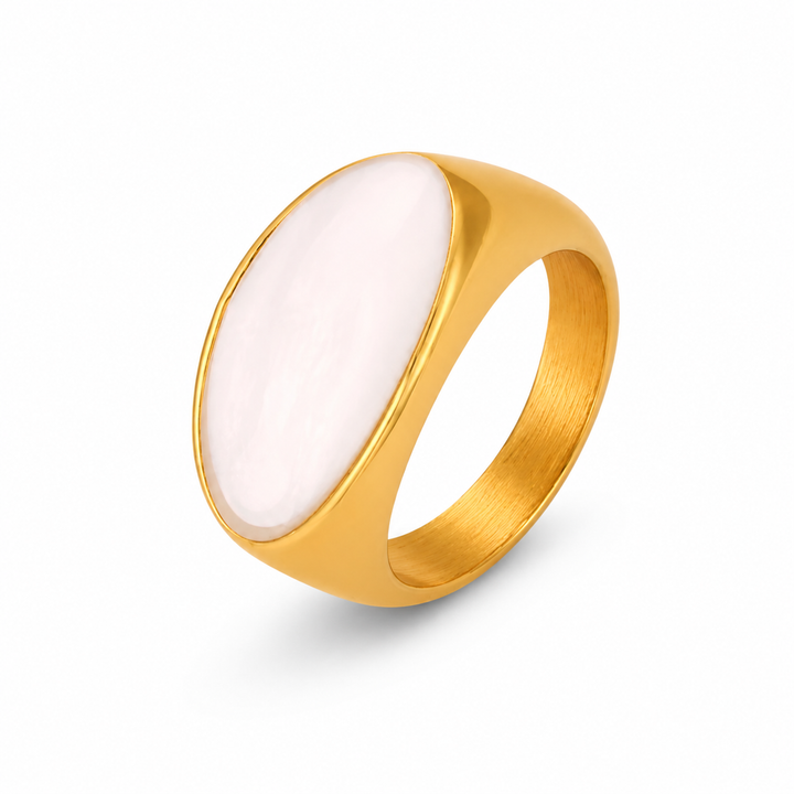 Oval ring med hvid flade - 18 karat forgyldt titanium