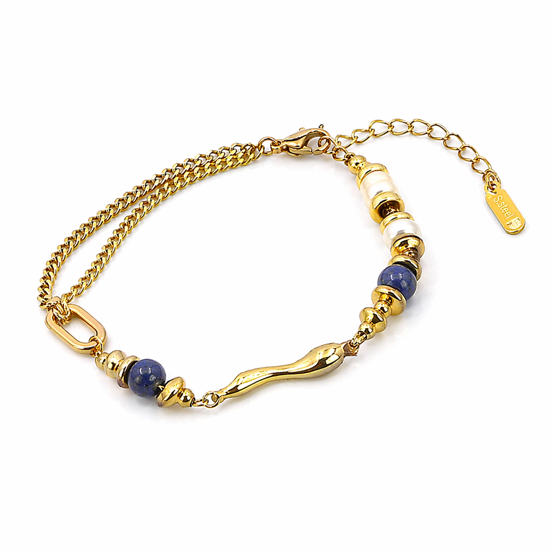 Armbånd med blå perler &amp; twist i 18 karat forgyldt rustfrit ædelstål