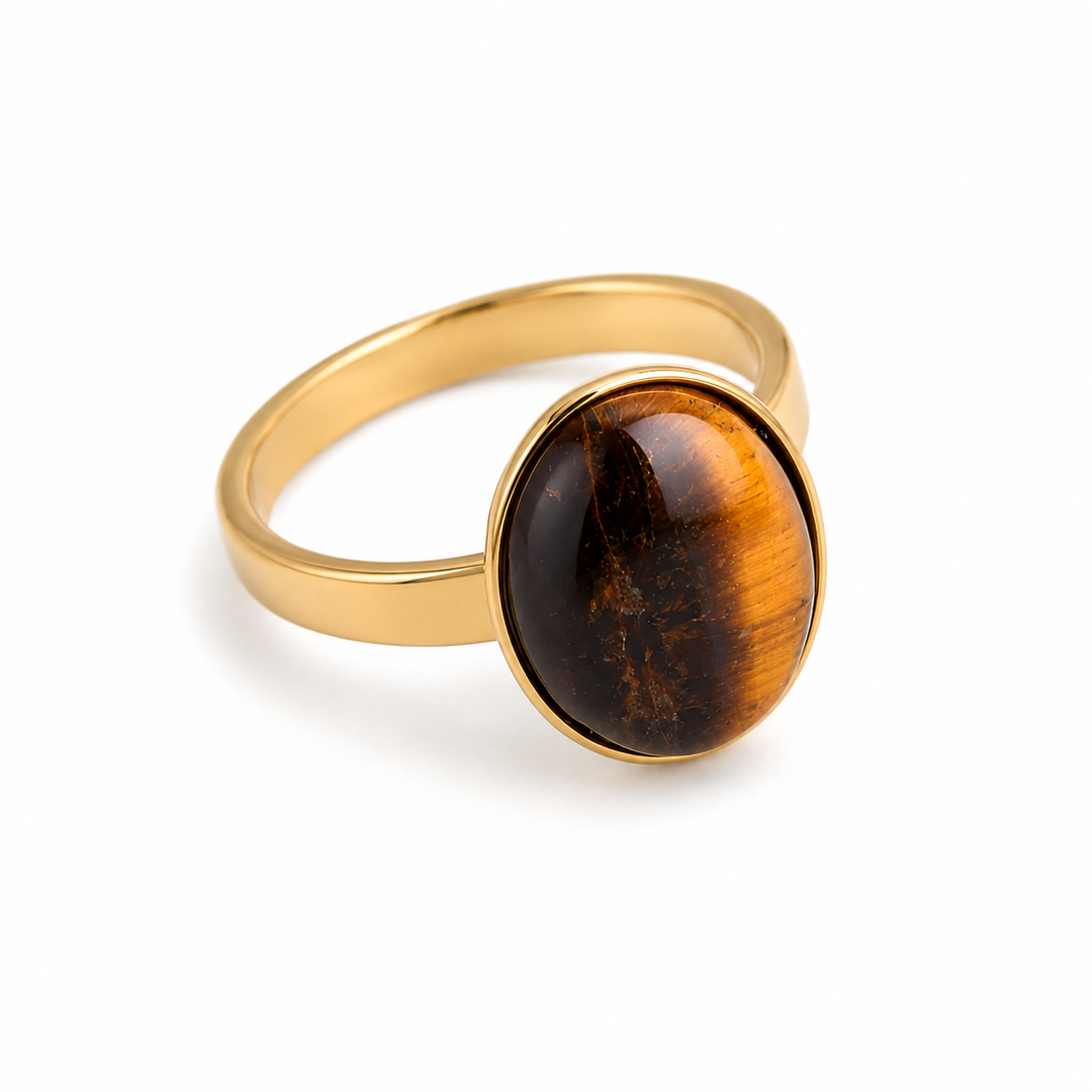 Oval tigerøje ring - 18 karat forgyldt titanium