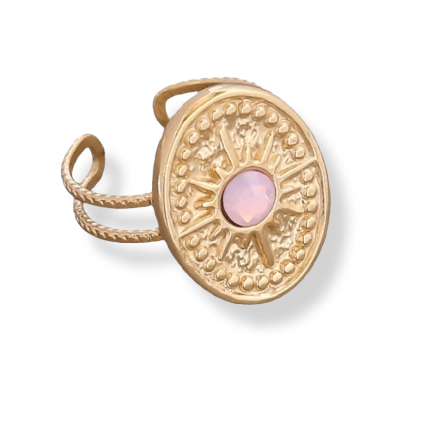 Oval boheme vintage ring med lyserød sten i 18 karat forgyldt ædelstål