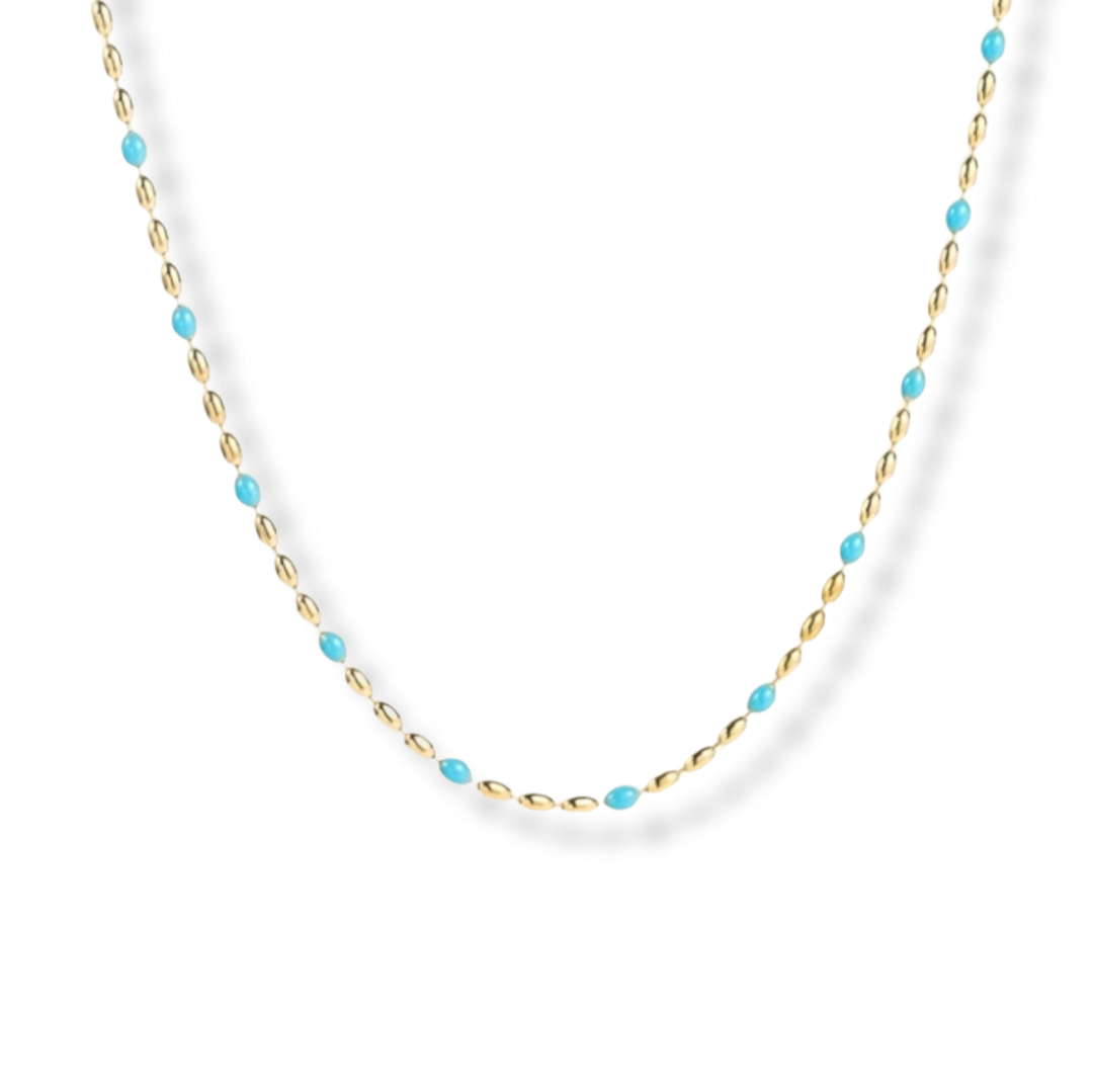Halskæde med blå emalje perler i 18 karat forgyldt titanium