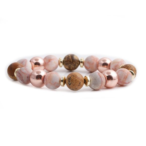 Armbånd natursten med lyserøde og brune sten - rosegold